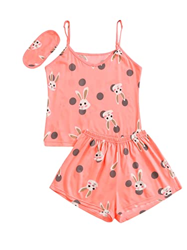 Soly Hux Women's Cute Cartoon Print Cami Top And Shorts Pajama Set Sleepwear With Eye Mask Coral Pink L #TOP1