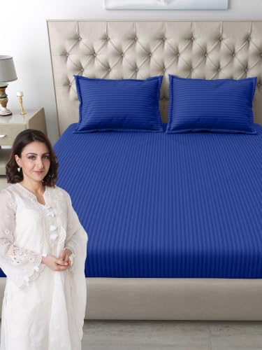 Image of Mafatlal Italian Strip King Size Bed Sheet with 2 Pillow Covers Cotton | 210 TC Pure Cotton Flat Bedsheet Dark Blue | 108 x 108 Inches | Soft & Durable