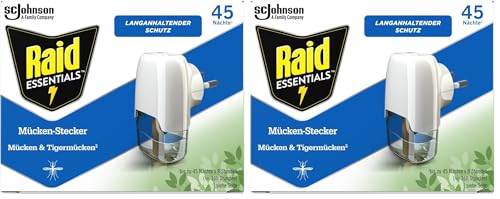 Raid Essentials Mückenstecker 45 Nächte, Elektrischer Insekten-Schutz vor Mücken & Tigermücken, mit pflanzlichen Wirkstoffen, geruchsneutral, 2er Pack (1 x 32 ml)