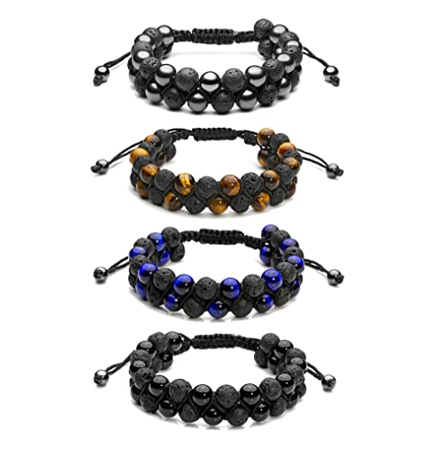 Jovivi 4pcs Hematite Beads Black Agate Lava Rock Stones Tiger Eye Bracelets for Men Double Layer Stress Relief Aromatherapy Essential Oil Diffuser Healing Lava Bracelet Adjustable