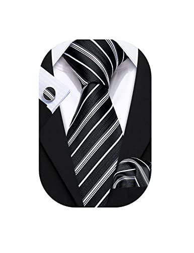 Conjunto de corbata de seda para hombres, corbatas formales de boda de negocios con pañuelo de gemelos a cuadros cuadros, negro, blanco, Taille unique Cover