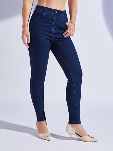 Image of Miss Chase Women's Skinny High Rise Cropped Fringed Hemline Detailing Stretchable Denim Jeans