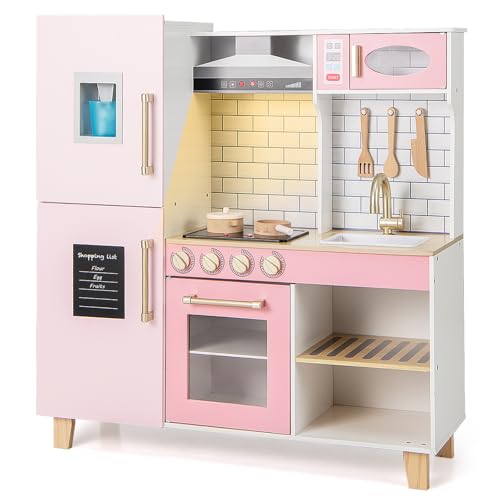 GYMAX Kids Play Kitchen, Children Toy Kitchen with Realistic Lights, Sound, Range Hood, Chalkboard and Sink, Wooden Toddler Cooking Role Playset for 3+ Years Old (Pink)