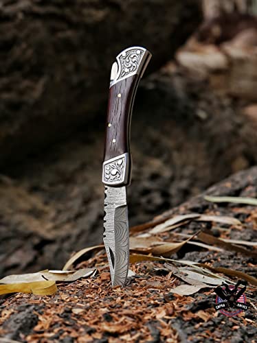 Capra Knives Ck-51 Handcrafted Folding Engraved Brass Pocket Knife 4” Folded, 7.25” Long Overall, 4.5Oz Wenge Wood Handle, Damascus Blade With Leather Sheath #TOP6