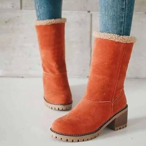 CLOUDEMO Winter Boots for Women, Women's Chunky Heel Round Toe Snow Boots, Seniors' Chunky Heel Winter Boots, Comfortable Mid Chunky Heel Suede Warm Fur Lined Boots4