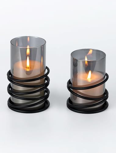 Sziqiqi Windlicht Kerzenständer Schwarz mit Rauchglas: Modern Kerzenständer Stumpenkerzen mit Windlicht Glas für Tischdeko - 2er Set Kerzenhalter Metall mit Glaszylinder für Outdoor Wohnzimmer Deko