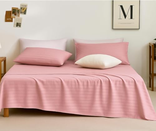 Image of Sofrito Bed Sheet Glace Cotton Striped - 300 TC - Super King (108 inchx108 inch) - with 2 Pillow Cover | Ideal for Hospitals, Clinics, Hostels, PGs, Hotels & Guest Houses | Dusty Pink