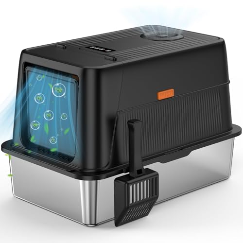 YIZENTURY 猫砂盆 猫トイレ 特大型XXL ステンレス製 自動脱臭機能付き 半封閉/全封閉2WAY 飛び散り防止 マイナスイオンファン 掃除簡単 上蓋開閉式 多頭飼い対応 (61×40×40cm スコップ付き)