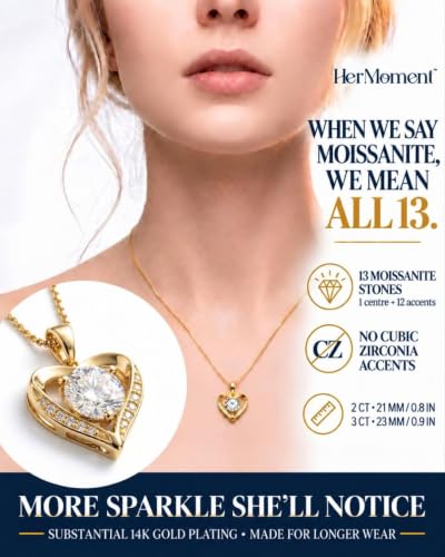 Moissanite Necklace for Women | 2 - 3 Carat Gold Heart Pendant | 14K Gold Plated Sterling Silver Pendant | Gold Necklaces for Women | Moissanite Jewelry | Anniversary Birthday Gift for Wife Girlfriend - Image 3
