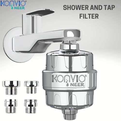 Image of Konvio Shower and tap filter for hard water with 22-Stage | Advanced water softener for Bathroom | Hard Water Filter | (Pack of 2, Chrome)