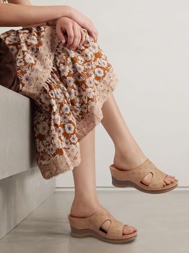 Image of TEMOFON Women Wedge Sandals Dressy: Comfortable Lightweight Summer Shoes | Low Wedge Heel - Fit Wide Feet - Comfy Stylish Slip on Sandals Size 5-11
