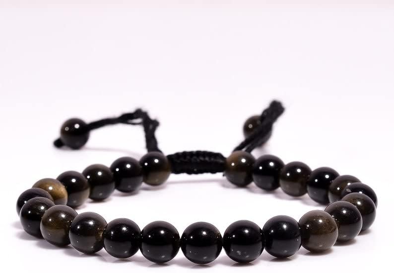 golden sheen obsidian round smooth 8mm multi color beads adjustable thread cord bracelet for men, women, meditation, yoga, healing, prosperity.
