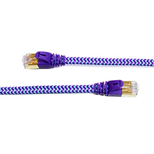 Tera Grand - 50Ft - Cat7 10 Gigabit Ethernet Ultra Flat Patch Cable For Modem Router Lan Network - Braided Jacket, Gold Plated Shielded Rj45 Connectors, Faster Than Cat6A Cat6 Cat5E, Purple & Blue #TOP6