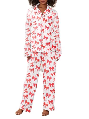 Image of SOOKABEILA Women Y2k Pajama Set 2 Piece Print Lounge Sets Long Sleeve Button Shirt Elastic Pants Sleepwear Matching Sets, Bow White, S