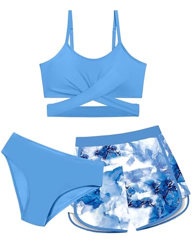 Image of Girls Swimsuit 3 Piece Bathing Suit Criss Cross Bikini Set Girls' Swimwear with Shorts 7-16T