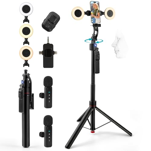 Heliora Vlogging Kit for iPhone/Android, 70”Auto Face Tracking Tripod Auto-Open Tripod Stand for iPhone with Light, Wireless Microphones with Remote, YouTube Starter kit for TikTok, Vlogging