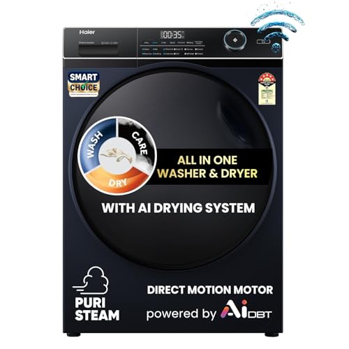 Image of Haier 11Kg 5 Star, AI Smart Wash with PuriSteam & i-Refresh, Direct Motion Motor, WiFi, 525 mm Super Drum, Inbuilt Heater, Fully Automatic Front Load Washer & Dryer (EFLD110-DM14IEICBKU1 | Black)