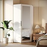 ELEGANT Corner Large Mirrored Wardrobe with 2 Hanging Rails and 5 Storage Shelves, Modern White High Gloss & Matt Bedroom Closet Storage, Space Saving Design