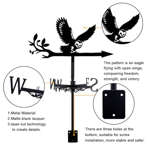 SUPERDANT Owl Weather Vane Owl on Branch Weathervanes Black Metal Wind Vanes Animal Weather Vanes Weathervane Garden Ornament for Farmhouse Garden Outdoor Yard Roof Shed Paddock Decoration - Image 3