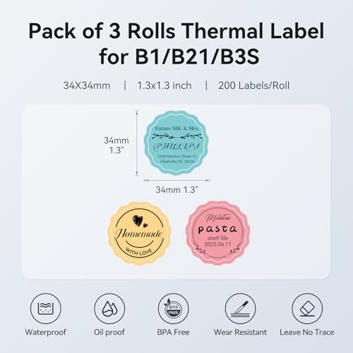 Image of NIIMBOT 3 Rolls Set Label for B1 /B21 /B3S Label Printer, 1.3'' x 1.3'' (34x34mm),Waterproof Oilproof Tear-Proof, for Daycare /Spice Jar /Address /Logo /Name /Food Container