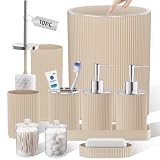 Beige Bathroom Accessories Set, 10PC Bathroom Set, Bath Accessory with Pop Up Trash Can, Soap Dispenser, Toilet Brush, Toothbrush Set Qtip Holders & Tray
