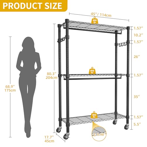 DWVO Rolling Clothes Rack with Wheels, Heavy Duty Garment Rack with 3 Tiers Adjustable Wire Shelving, Portable Clothing Rack for Cloakroom Bedroom Laundry Storage Organizer, Black