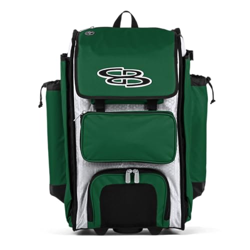 Boombah Rolling Catcher's Superpack Baseball/Softball Gear Bag - 23-1/2" x 13-1/2" x 9-1/2" - BM-9124 White/Dark Green - Telescopic Handle - Holds 4 Bats - Wheeled Version