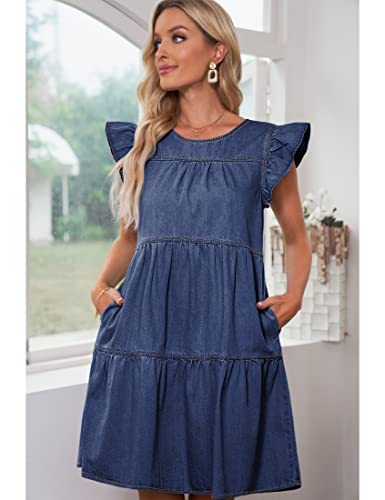 Image of luvamia 2025 Denim Dress for Women Summer Babydoll Sleeveless Ruffle Sleeve Mini Dresses Loose Flowy Swing Pleated Dress
