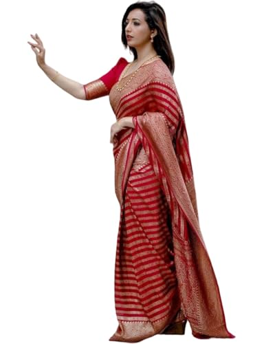 Sari en soie jacquard rouge traditionnel drapé parfait large