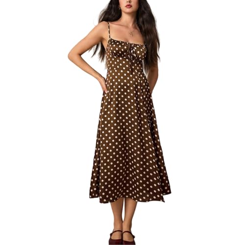 LIGHT DOT Women's Summer Midi Cami Dress Polka Dot Sundress Spaghetti Strap Side Zipper Split (Brown, XL)