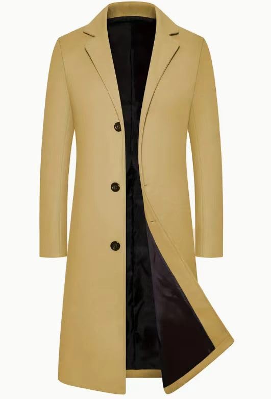 Men's Mid-Length Single Breasted Trench Coats Notch Lapel Single Breasted Long Overcoat Jacket Warm Windbreaker