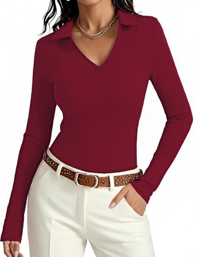 Aottori Camiseta Polo Mujer Manga Larga Slim Fit Cuello V Elegante Básico Elástica Cómoda Ropa Casual Oficina Tops Ligeros de Punto para Primavera Otoño Vino Tinto S