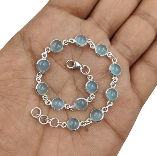 Aqua Chalcedony Stone Bracelets 925 Sterling Silver Handmade Link Chain Bracelet For Women Girl Natural Aqua Blue Chalcedony Gemstone Adjustable Link Chain Bezel Setting Bracelets Jewelry