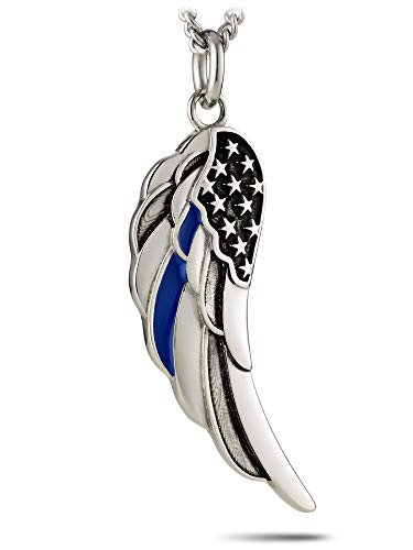 Stainless Steel Angel Wing-Thin Blue Line Necklace -Ps 91:11 #TOP1