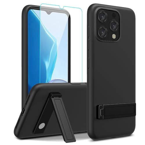 Compatible for Doogee N55 / N55 Pro / N55 Plus Phone Case with Glass Screen Protector [3 Stand Ways] Metal Kickstand/Stand Silicone TPU Slim Fit Shocproof Protective Cover Case for Doogee N55 - Black