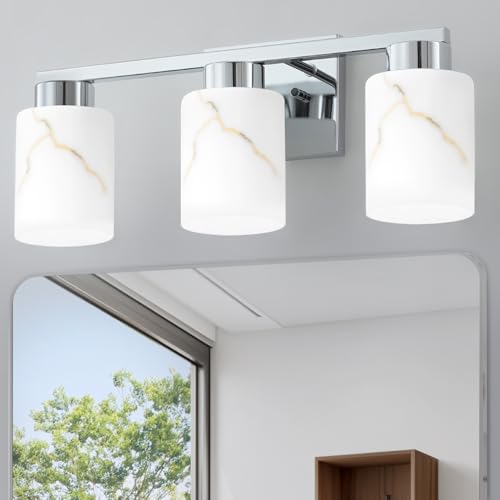 Image of 3-Light Bathroom Light Fixtures, Modern Vanity Lights, Chrome Metal Wall Lamp with White Marble Glass for Bathroom, Mirror, Living Room, Bedroom, Cabinet, Porch, Hallway, E26 Base