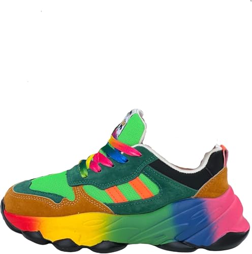 Women’s Rainbow Sneakers – Comfortable Low-Top Walking & Running Shoes with Non-Slip Air Cushion, Round Toe Design, Stylish Outdoor Lace-Up Sneakers (Yellow,10)