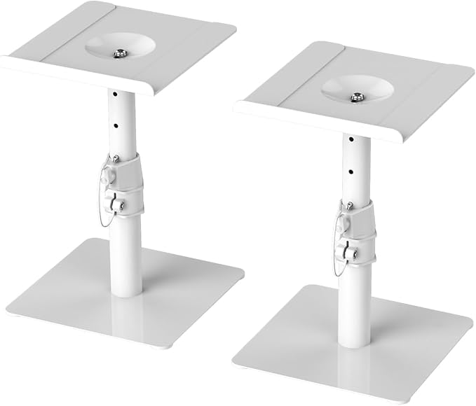 Suptek Universel Pieds Enceintes, Support d'enceinte Autonome pour Bureau, Plateaux de 9,6 x 8,8 pouces, Réglage de La Hauteur et de l'inclinaison, Supports Audio Universels, lot de 2, Blanc, SDM001TW