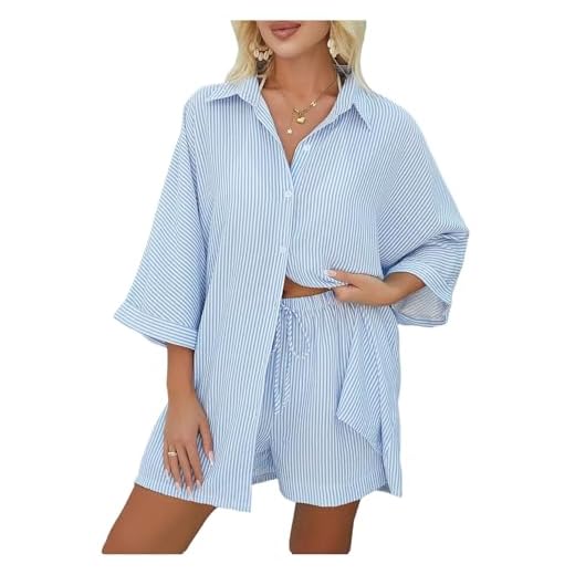 SHENHE Conjunto de saída de praia feminina de 2 peças, manga 3/4, quimono e shorts, Azul e branco, M