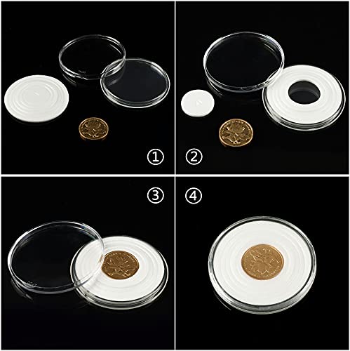 Caja de madera con 100 cápsulas plásticas para monedas 30mm miniatura 6