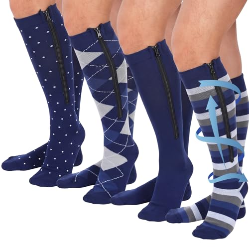 Image of Tarpop 4 Pairs Men Zipper Compression Socks Colorful 20-30mmhg Compression Stockings with Zipper for Men Women Swelling Edema