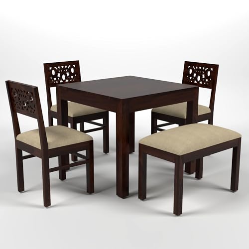 Image of Solid Sheesham Wood 4 Seater Dining Table Set | Four Seater Dinner Table with 3 Cushion Chairs & 1 Bench | Wooden Dinner Table 4 Seater | Dining Room Sets for Home(Walnut Finish)