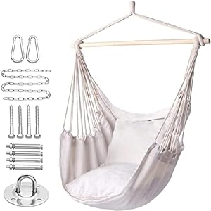 Hammock Chair Hanging Rope Swing, Max 320 Lbs, 2 Seat Cushions Included, Hanging Chair with Pocket, Quality Cotton Weave…