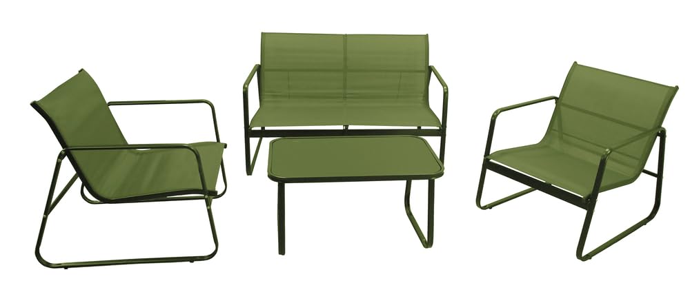 VERDELOOK | Set da Giardino ETNA Verde con Divano, 2 Poltrone e Tavolino 75x45 H40 cm, Struttura in Metallo Verniciato con Seduta in Textilene
