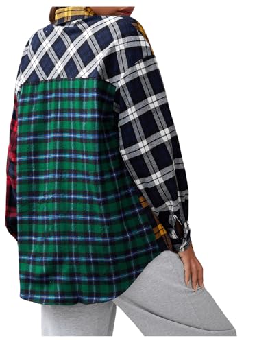 Floerns Women's Tartan Color Block Long Sleeve Plaid Button Down Blouse2