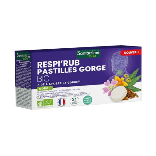 Santarome Bio - Respi'Rub Pastilles gorge - Apaise la gorge - Compélment alimentaire - Mauve, Guimauve, Propolis, Eucalyptus - 21 pastilles - France