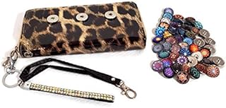 New Snap Jewelry Fashion Wristlet Wallet Purse Bag 3 Free Snaps & Additional Rhinestone Wristlet Key Holder (Shinny Black & Tan Cheetah Wallet/Iridescent Rhinestone Key Holder & Clasp)