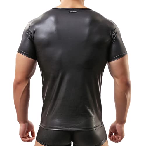 Men's Sexy Leather T-Shirt Slim Nightwear Tops Wet Look Undershirt Black2
