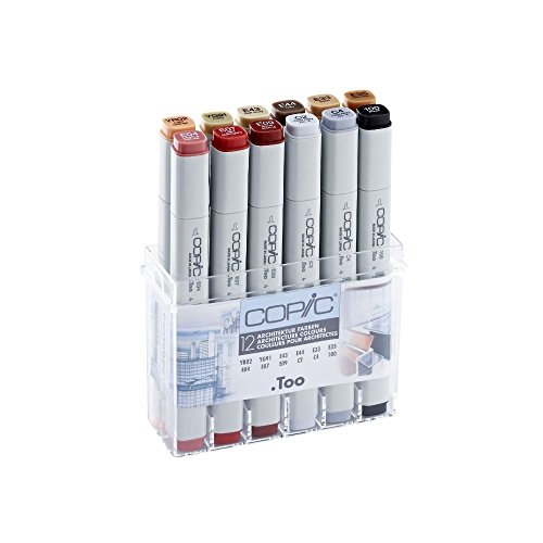 COPIC Classic Set Architektur Farben, 12er Set im Acryl-Display, Twin Marker mit einer mittelbreiten und einer feinen Spitze