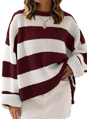 Image of Women's Striped Knitted Pullover Crew Neck Fall Winter Sweater Long Sleeve Color Block Jumper